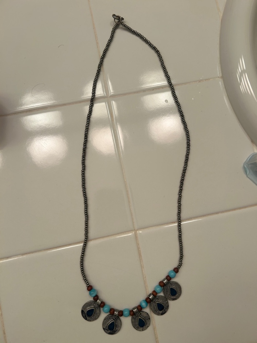 Free People Turquoise and Brown Beaded Coin Pendant Necklace